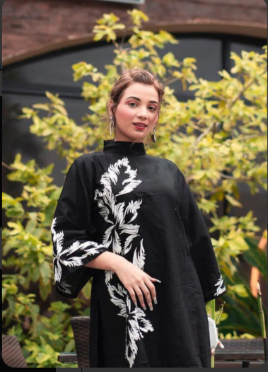 Elegant Black Print Stitched 2Pcs