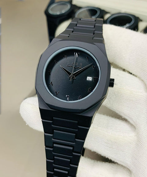 Black aura arabic watch with date dial & butterfly lock